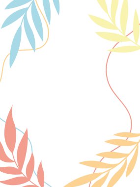 Arka planda tropik yapraklar, pankartlar, posterler ve tebrik kartları için bitkiler ve çiçekler var. Vektör çizimi. Boho yaprakları, botanik tropik yapraklar ve yaz satışı afişleri için çiçek desenleri.