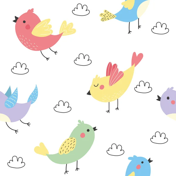 Seamless pattern with small colorful birds. Spring cute birds with red cheeks. Vector illustration of birds for postcards, posters, banners.