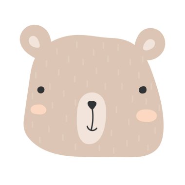 Tatlı ayı suratlı çizgi film karakteri. Tatlı ayı çizimi. İskandinav tarzında elle çizilmiş vektör çizimi. Bebek bezi, bebek kıyafetleri, poster, kartpostal..