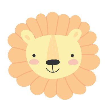  Aslan suratlı şirin bir karikatür. Sevimli aslan çizimi. İskandinav tarzında elle çizilmiş vektör çizimi. Bebek bezi, bebek kıyafetleri, poster, kartpostal..