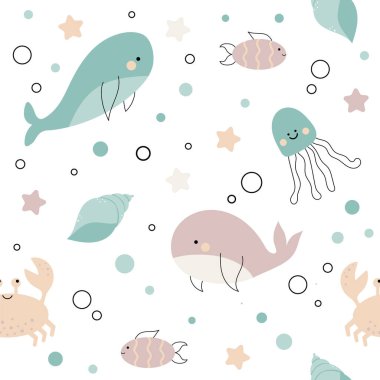 Vektör el, beyaz arka planda balina, balık, yengeç ve denizanalarıyla renksiz, pürüzsüz desenler çizdi. Sevimli bebek hayvanlar. Deniz hayvanlı çocuklar için desen. Deniz. Okyanus.