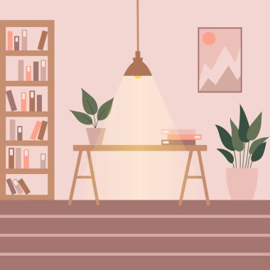 Pastel pembe oda içi modern düz çizim, kavramsal tasarım için açık arkaplan. İç mekan. Modern ev dekorasyonu. Ev dekorasyonu. İç arkaplan