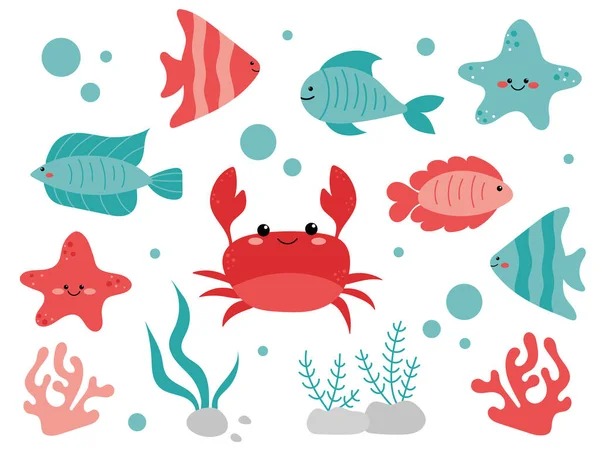Kartun Hewan Laut Hewan Laut Tropis Kepiting Lucu Ikan Bintang - Stok Vektor