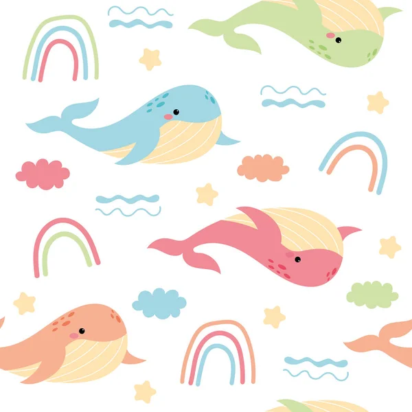 Childish Seamless Whale Pattern Sky Rainbow Stars Hand Drawn Cartoon — Stock Vector