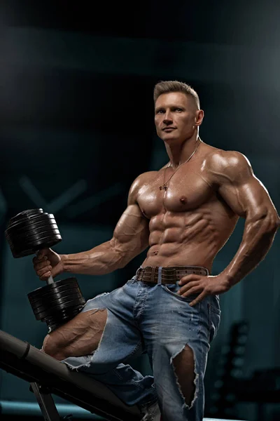 Strong Man Naked Torso Poses Large Dumbbell Image Young Adult — Stock Photo, Image