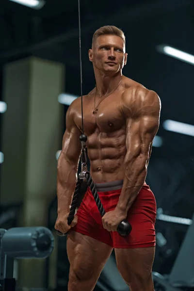 Silný Svalnatý Muž Nahým Trupem Provádí Triceps Cvičení Izolované Stroji — Stock fotografie