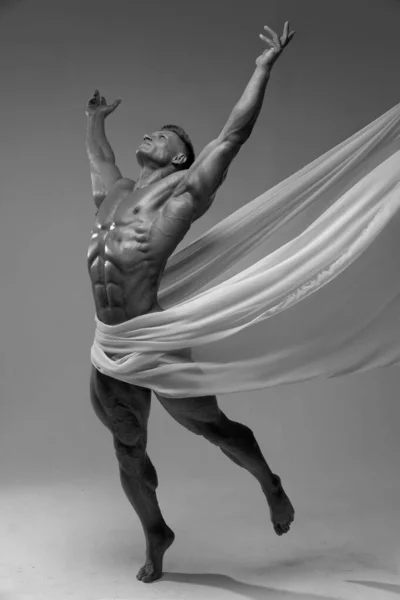 Aesthetics of the male athletic body. The male model pulls his hands up, standing on his toes. White fabric covers male muscular body. Black and white male photo