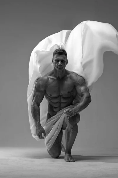 A strong, athletic man poses naked, covered with a white cloth, standing on one knee. Athletic muscular body with a low percentage of fat. Black and white male photo
