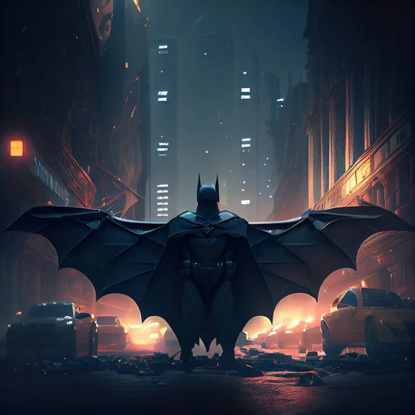 Dc漫画中蝙蝠侠的超级英雄形象 身穿面具 盔甲和斗篷 在夜市灯光和天空的衬托下伸展开来 — 图库照片