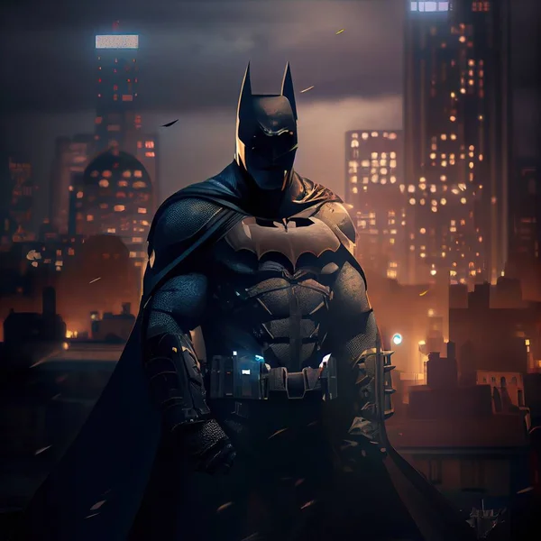 Dc漫画中的蝙蝠侠超级英雄 身穿面具 盔甲和斗篷 站在建筑物的顶部 背景是夜晚的城市灯光和天空 — 图库照片