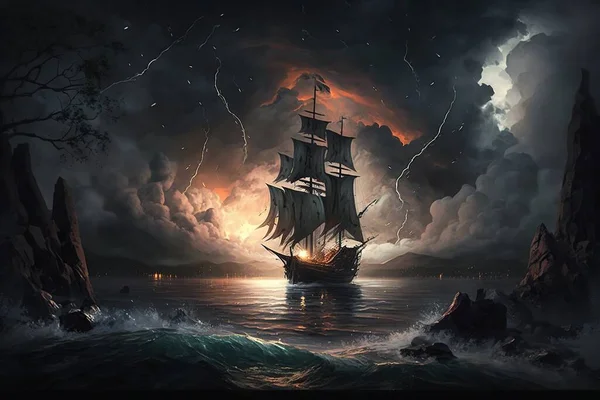 Парусный Старый Корабль Бурном Море Заднем Плане Бурные Облака Молнией — стоковое фото