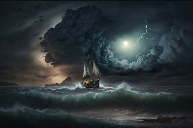 # Fırtınalı bir denizde yelkenli eski bir gemi # # Arka planda fırtınalı bulutlar ve yıldırımlar #