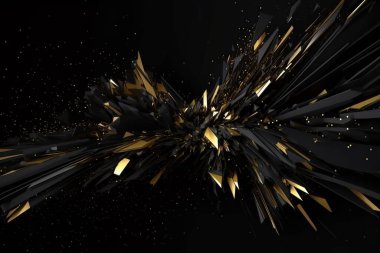 Gelecekçi geometrik kaotik figür, siyah ve altın olarak sayısız açıları olan keskin doku.