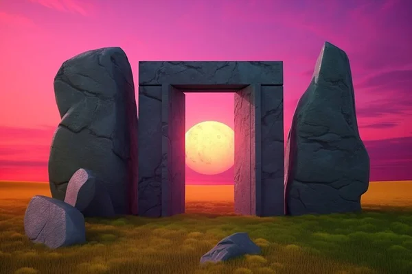 stock image Futuristic abstract gate made of stone blocks on a colored background.