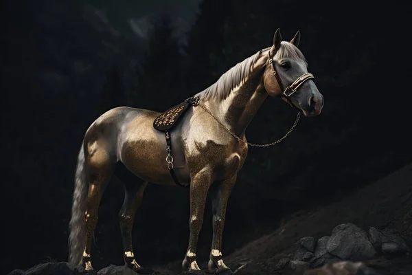 Figura Futurista Cavalo Muscular Gracioso Feito Metal Preto Dourado Isolado — Fotografia de Stock