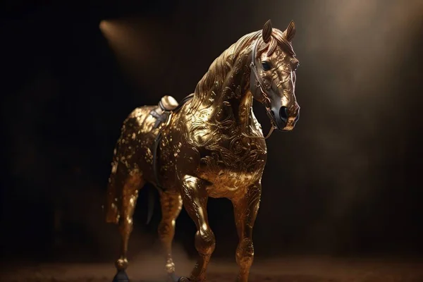 Futuristická Postava Půvabného Svalnatého Koně Žlutého Kovu Izolovaného Černém Pozadí — Stock fotografie