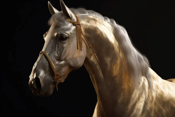 Futurystyczna Postać Pełnego Wdzięku Muskularnego Konia Wykonanego Żółtego Metalu Odizolowanego — Zdjęcie stockowe