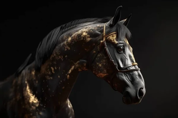 黒と金色の金属で作られた優雅な筋肉質の馬の未来図は 近くの黒の背景に隔離された — ストック写真