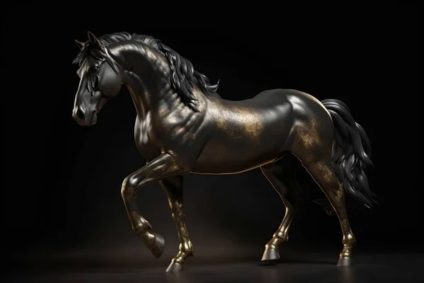 Futurystyczna Postać Pełnego Wdzięku Muskularnego Konia Wykonanego Czarnego Złotego Metalu — Zdjęcie stockowe