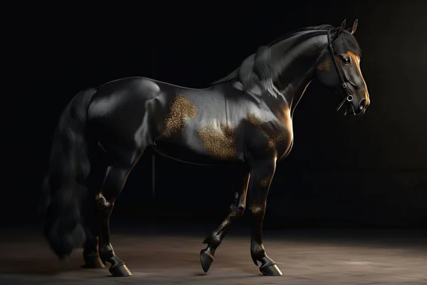 Figura Futurista Cavalo Muscular Gracioso Feito Metal Preto Dourado Isolado — Fotografia de Stock