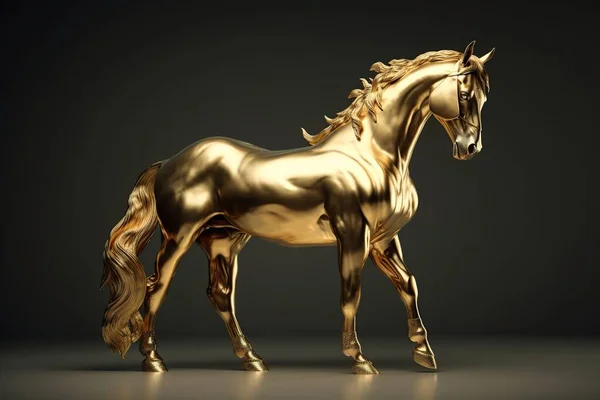 Figura Futurista Cavalo Muscular Gracioso Feito Metal Amarelo Isolado Fundo — Fotografia de Stock