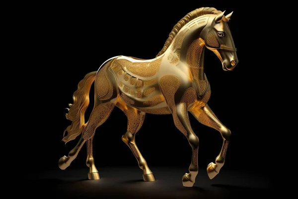 Futurystyczna Postać Pełnego Wdzięku Muskularnego Konia Wykonanego Żółtego Metalu Wyizolowanego — Zdjęcie stockowe