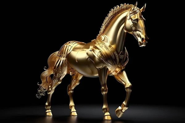 Futuristická Postava Půvabného Svalnatého Koně Žlutého Kovu Izolovaného Černém Pozadí — Stock fotografie