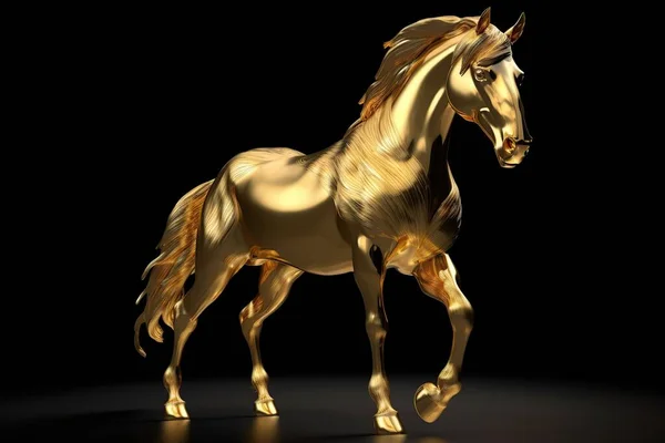 Futuristic Figure Graceful Muscular Horse Made Yellow Metal Isolated Black — Stock Photo, Image