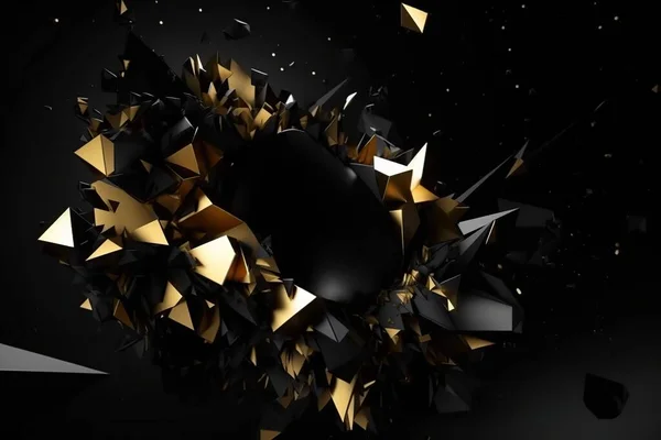 Futuristic geometric chaotic figure, sharp texture with numerous angles in black and gold