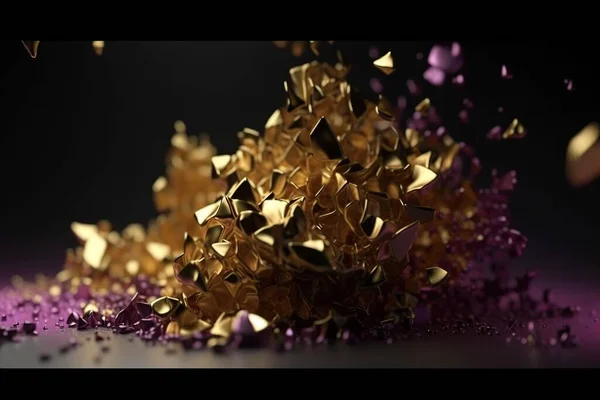 Purple gold abstraction of different shapes and sizes, angular gold particles. Luxury design style.