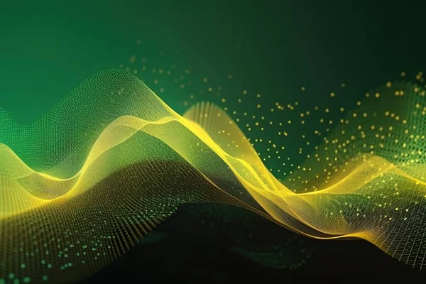 Network technology background. Futuristic tech green background with yellow wave. Low poly 3d wire Scy fi space illustration