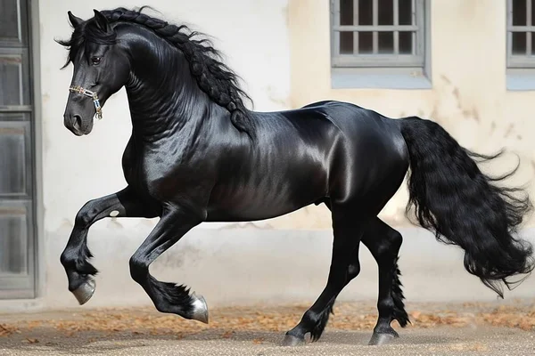 Figura Futurista Cavalo Preto Muscular Gracioso Retrato Livre — Fotografia de Stock