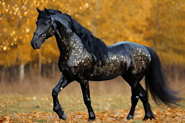 Futuristická Postava Půvabného Svalnatého Černého Koně Venkovní Portrét Zlatém Podzimu — Stock fotografie