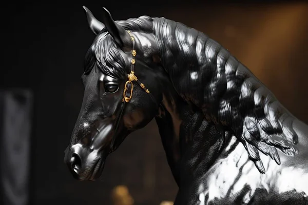 暗い背景に孤立したダークシルバーメタル製の優雅な筋肉質馬の未来図 — ストック写真