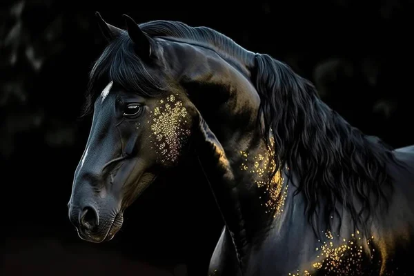Futurystyczna Postać Pełnego Wdzięku Muskularnego Konia Wykonanego Czarno Złotych Kolorów — Zdjęcie stockowe