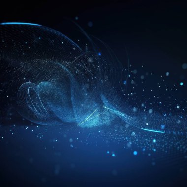 Pürüzsüz mavi duman parçacıkları dalgası, parlak noktalı büyük veri tekno arkaplanı, yüksek teknoloji konsepti