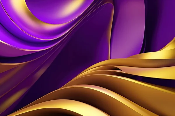 Abstract 3d gold curved ribbon on purple and dark blue background with lighting effect and sparkle with copy space for text. Luxury design style.