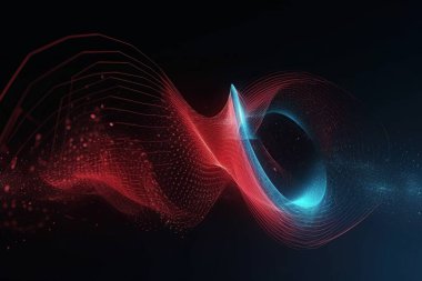 Pürüzsüz mavi ve kırmızı duman parçacıkları figürü, parlak noktalı büyük veri tekno arka planı, yüksek teknoloji kavramı.