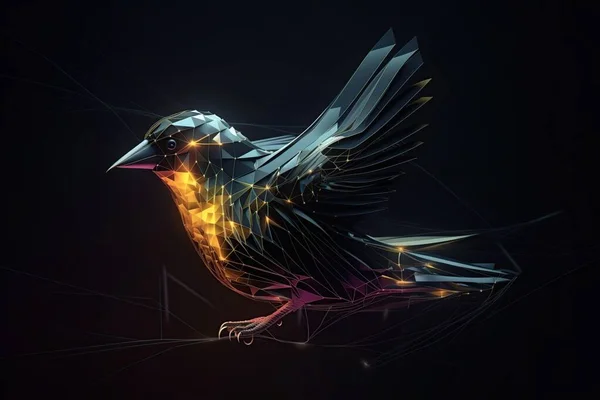 金色の塵の効果を持つ鳥の低ポリイラスト 暗い背景に鳥の輝くイメージ 鳥の折り紙の多角形のフレーム紙のテクスチャ — ストック写真