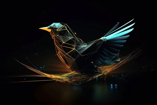 金色の塵の効果を持つ鳥の低ポリイラスト 暗い背景に鳥の輝くイメージ 鳥の多角形のフレーム — ストック写真