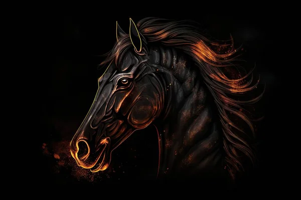 火の上に地獄の黒い馬の美しいデジタル肖像画 概要未来馬 — ストック写真