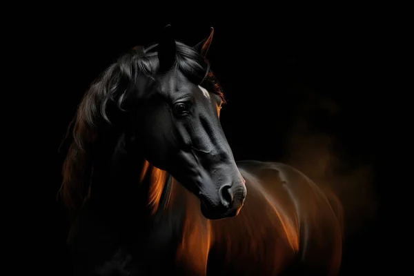 Futuristická Postava Půvabného Svalnatého Koně Černých Červených Barev Izolovaných Černém — Stock fotografie