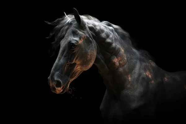 一幅美丽的数字画像 描绘了一匹被火烧的地狱般的黑马 抽象的未来主义马 — 图库照片