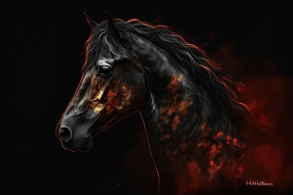 Beautiful Digital Portrait Infernal Black Horse Fire Abstract Futuristic Horse — Stock Photo, Image