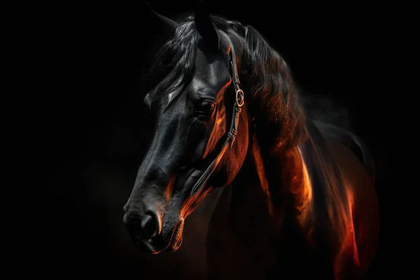 Futuristická Postava Půvabného Svalnatého Koně Černých Červených Barev Izolovaných Černém — Stock fotografie