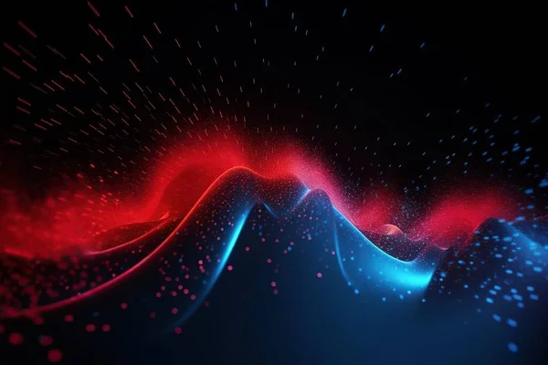 Smooth blue and red wave of smoke particles, big data techno background with glowing dots, high tech concept.