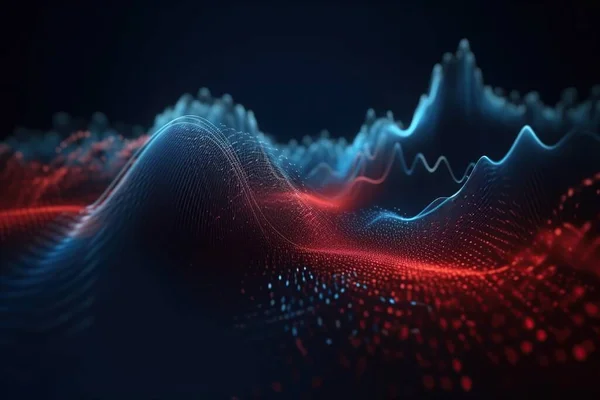 Smooth blue and red figure of smoke particles, big data techno background with glowing dots, high tech concept.