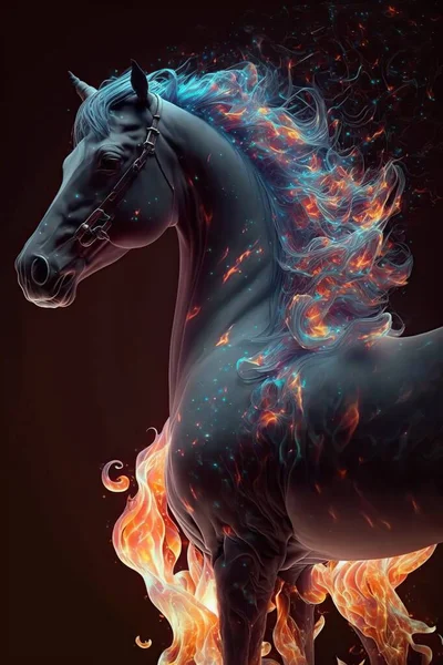 一幅美丽的数字画像 描绘了一匹被火烧的地狱般的黑马 抽象的未来主义马 — 图库照片
