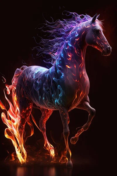 Piękny Cyfrowy Portret Piekielnego Czarnego Konia Ogniu Streszczenie Futurystycznego Konia — Zdjęcie stockowe