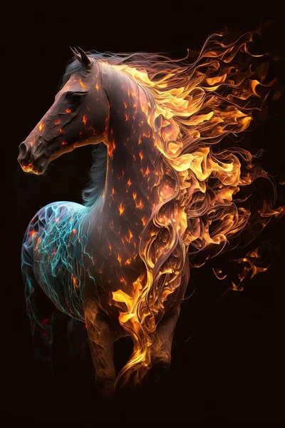 Cehennemdeki siyah atın güzel bir dijital görüntüsü. Soyut gelecekçi at.